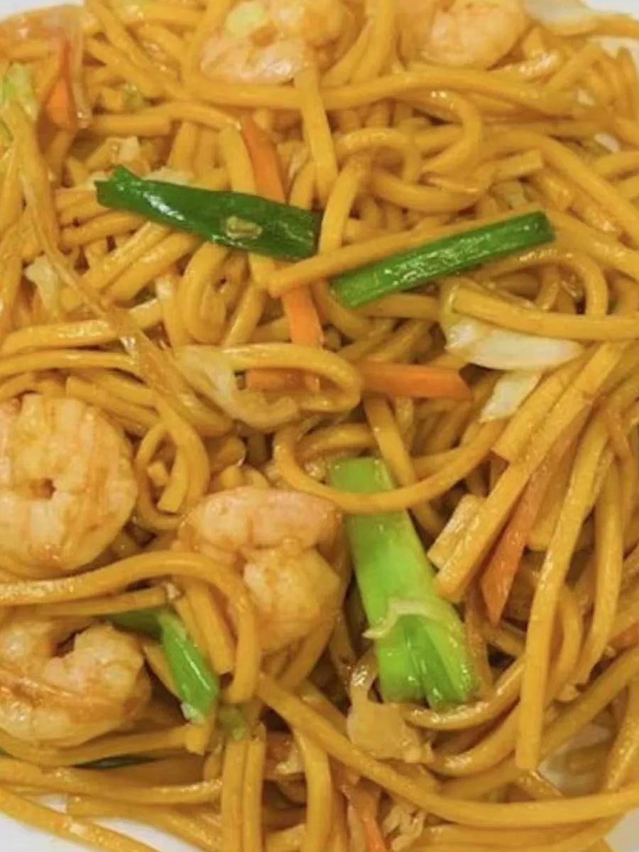 Shrimp chow mein with vegetables and scallions at Kungfu Rice, a Chinese Fast Food Restaurant in Savannah